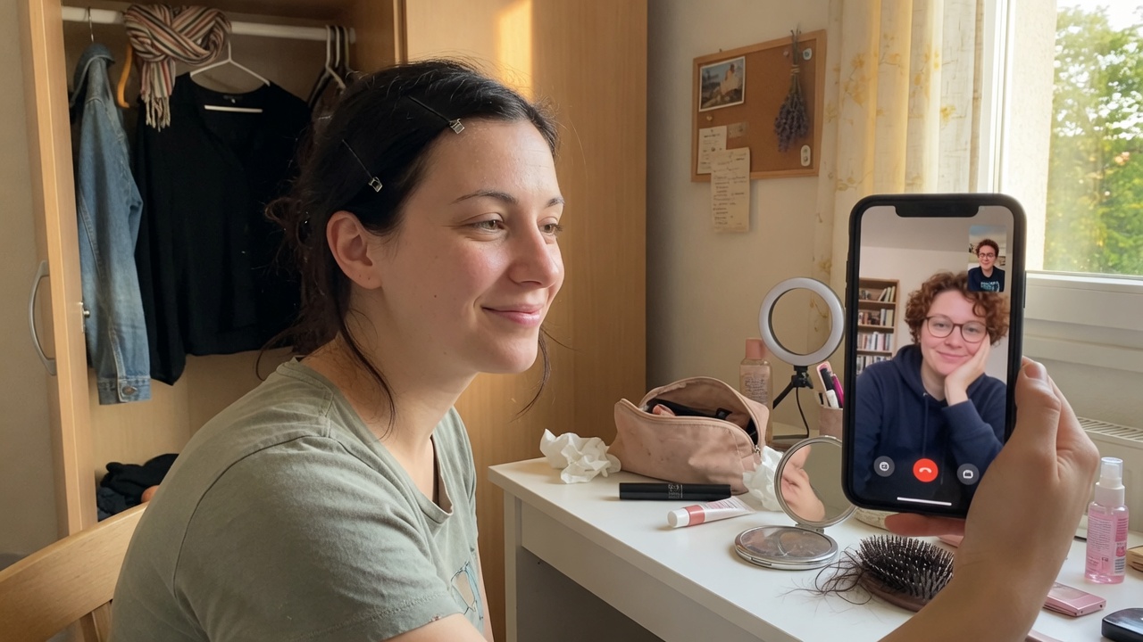 A woman on a video call from her bedroom vanity, wardrobe open behind her